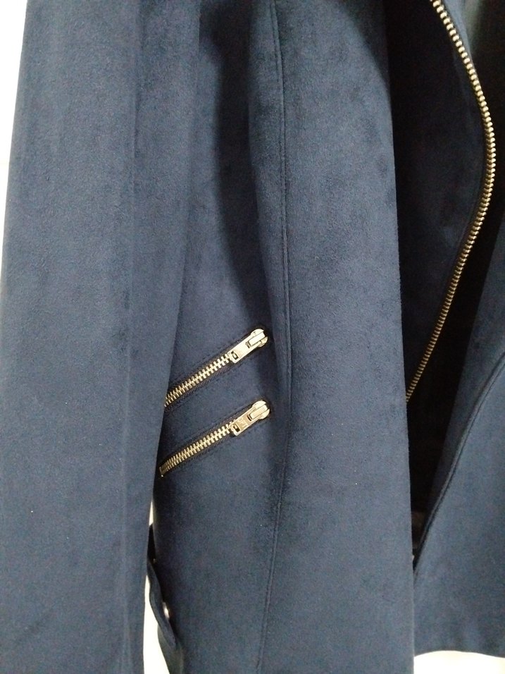 Lacivert Süet Fermuarlı Kadın Deri Ceket - Görsel 2