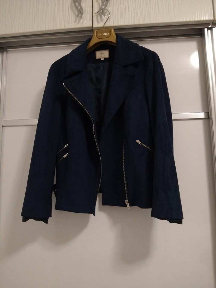 Lacivert Süet Fermuarlı Kadın Deri Ceket - Görsel 5