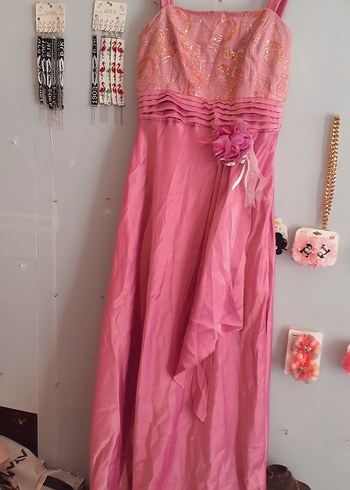 Pembe Nakışlı Uzun Bohem Abiye Elbise