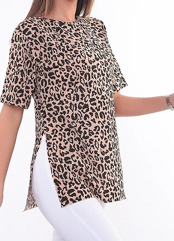 l Beden Leopar desen simit yaka t-shirt 