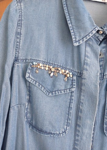 40 Beden Setrms marka Nakışlı Mavi Denim Tünik tensel kumaş