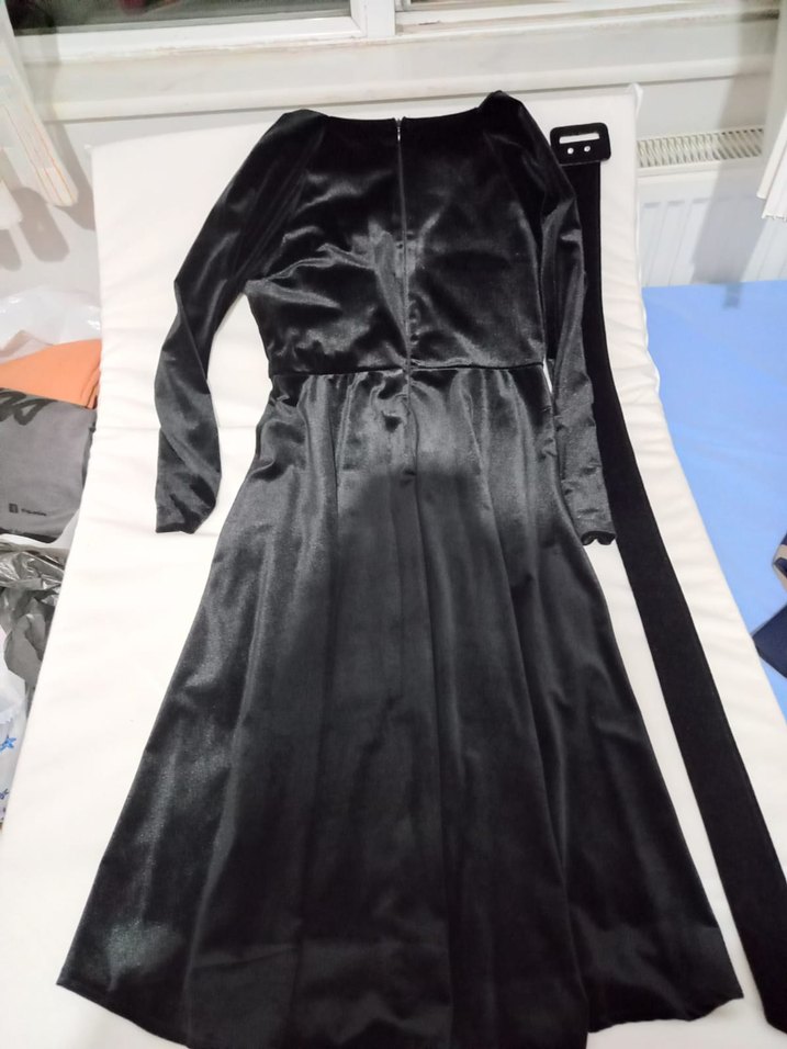 Siyah Uzun Kadın Kadife Elbise - Görsel 2