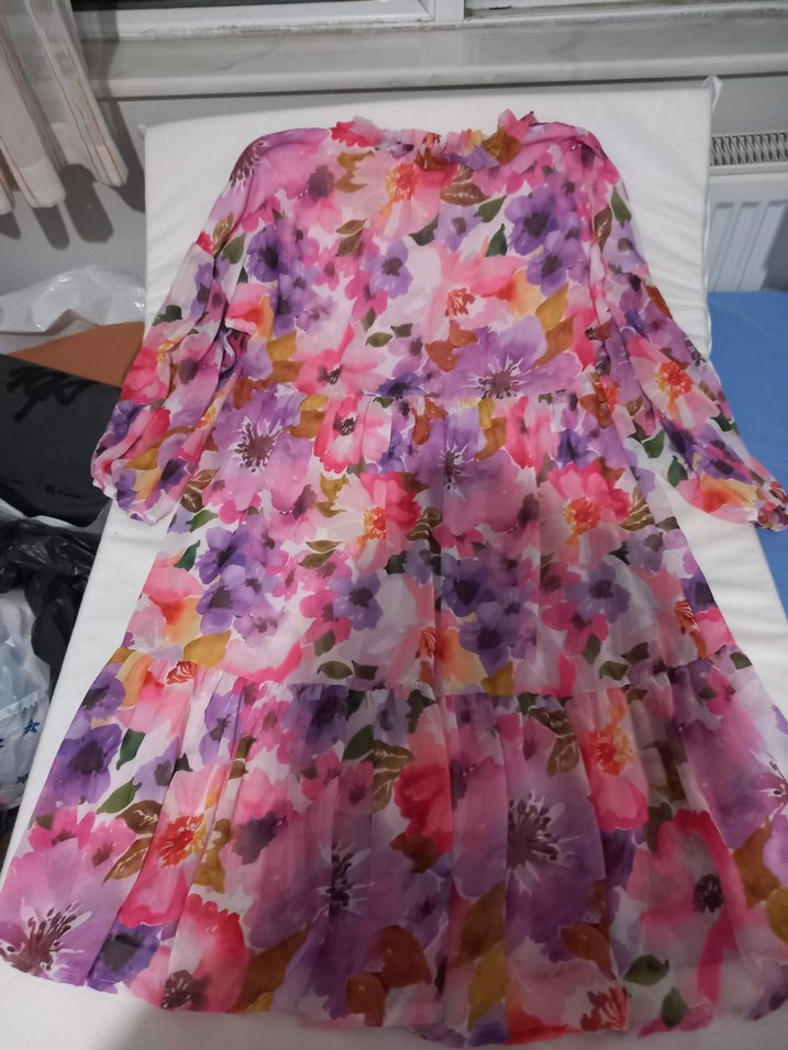 Pembe Çiçek Desenli Kısa Hamile Bohem Elbise - Görsel 2