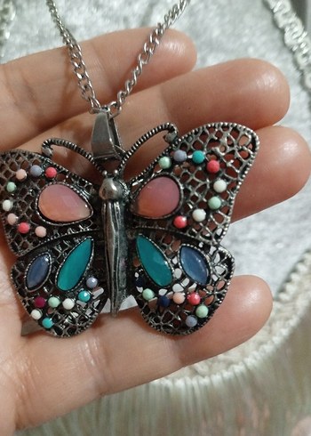 Renkli Taşlı Uzun Kelebek Kolye - Görsel 5