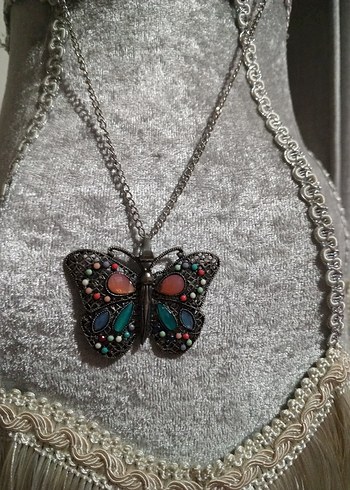 Renkli Taşlı Uzun Kelebek Kolye - Görsel 2