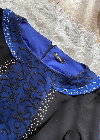 Uzun Kollu Siyah-Mavi Gotik Abiye Elbise - Görsel 2