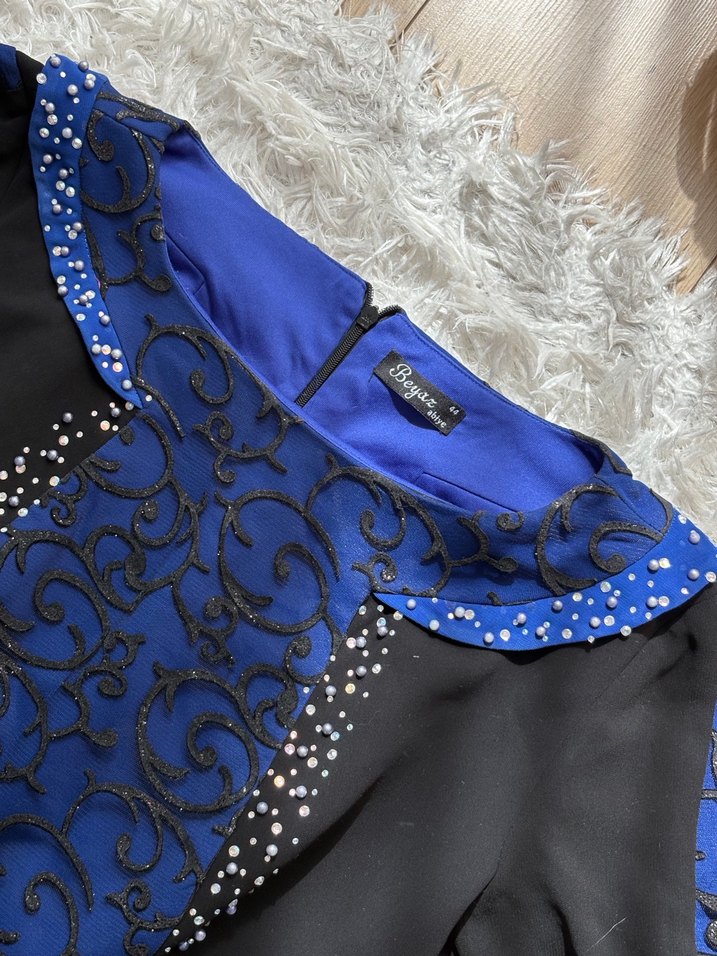 Uzun Kollu Siyah-Mavi Gotik Abiye Elbise - Görsel 2