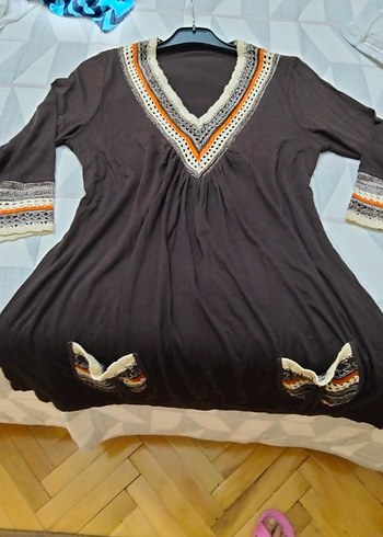 Bohem V Yaka Nakışlı Kahverengi Triko Tunik L Beden - Görsel 4