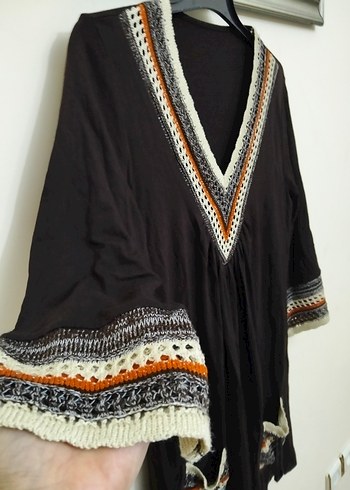 Bohem V Yaka Nakışlı Kahverengi Triko Tunik L Beden - Görsel 2