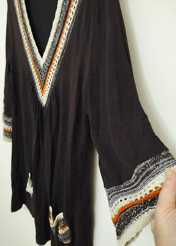 Bohem V Yaka Nakışlı Kahverengi Triko Tunik L Beden - Görsel 7