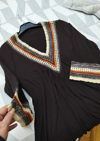 Bohem V Yaka Nakışlı Kahverengi Triko Tunik L Beden - Görsel 3