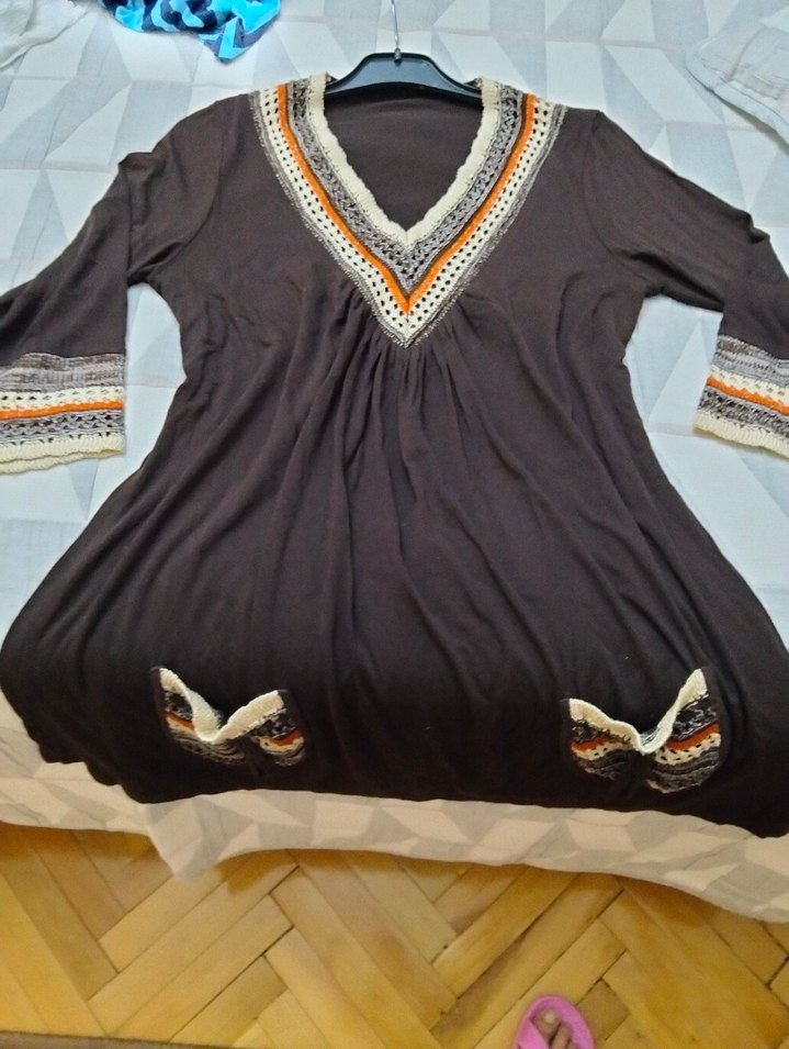 Bohem V Yaka Nakışlı Kahverengi Triko Tunik L Beden - Görsel 4