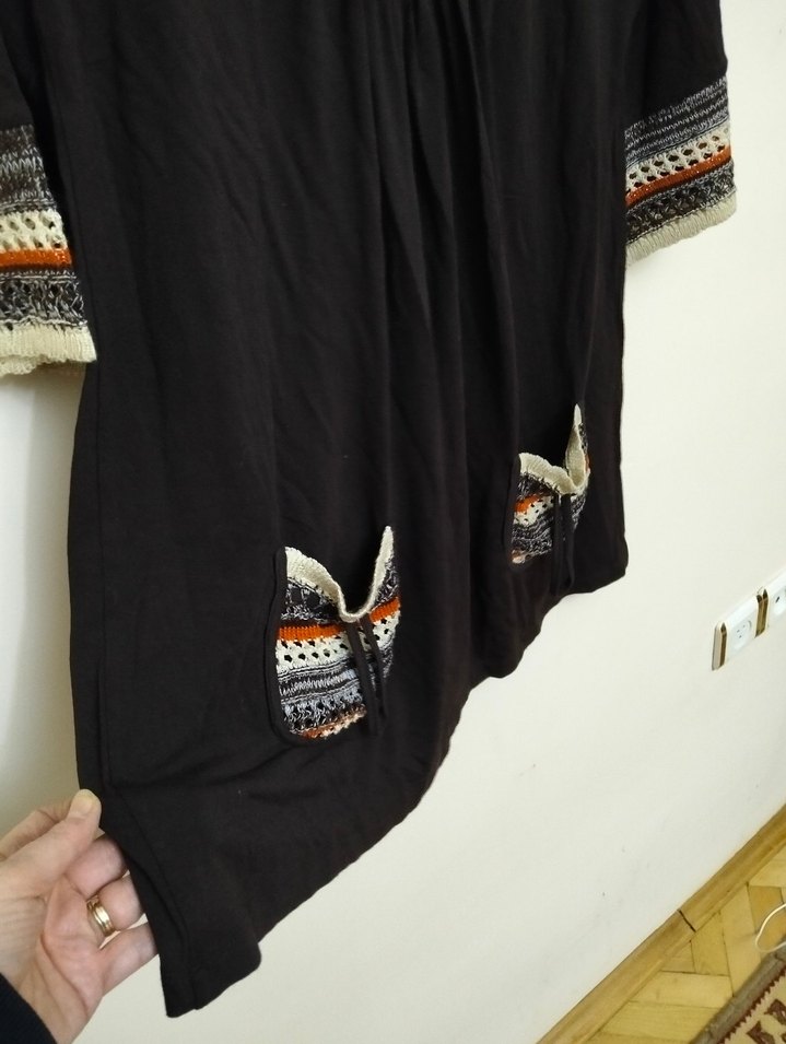 Bohem V Yaka Nakışlı Kahverengi Triko Tunik L Beden - Görsel 5