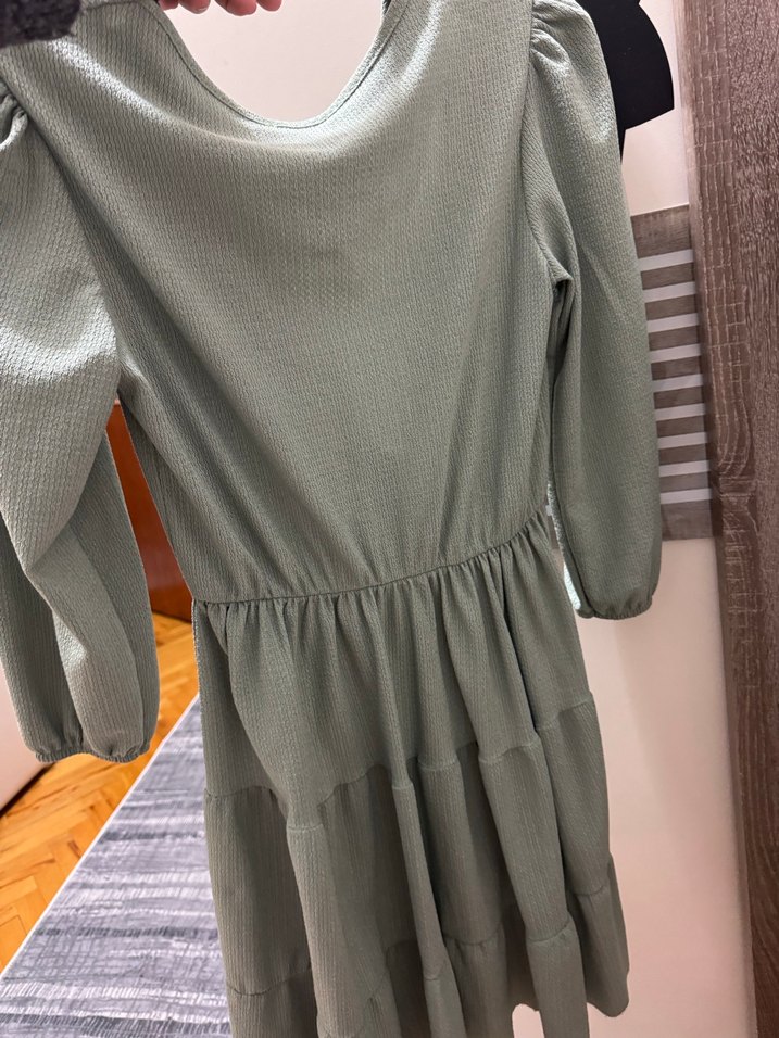 Gri V Yaka Uzun Kollu Piliseli Kadın Elbise - Görsel 3