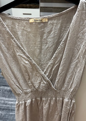 Streetbox 
Bej Keten V Yaka Midi Elbise - Görsel 2