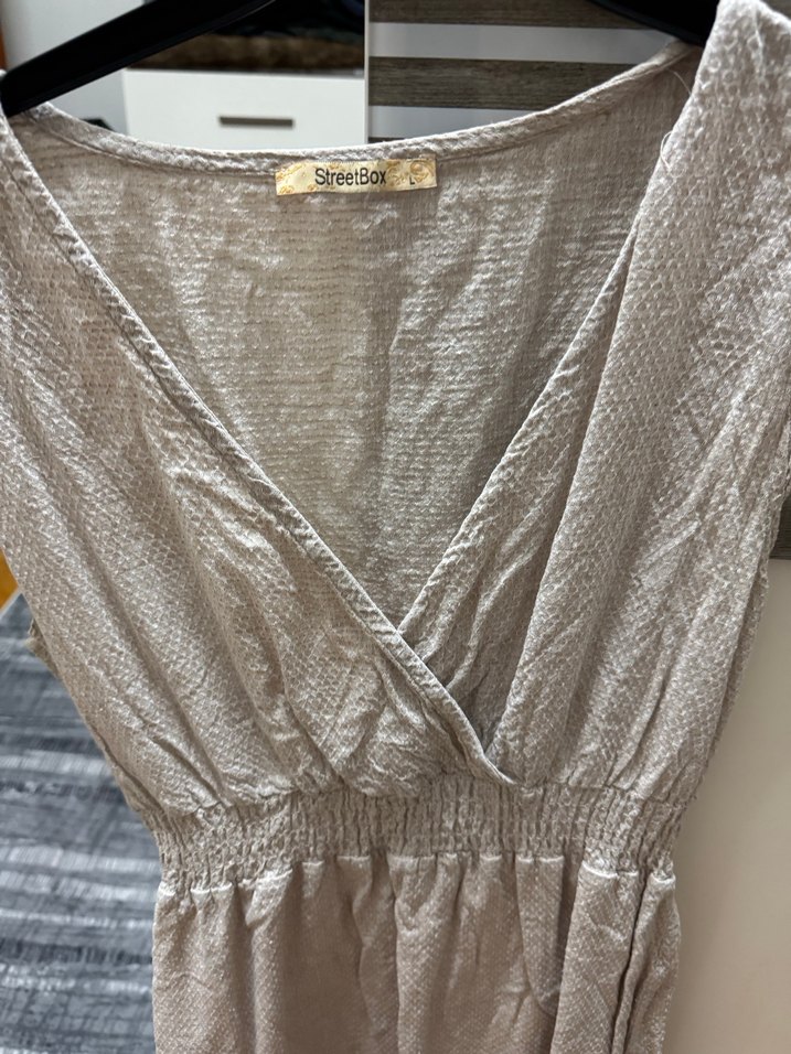 Streetbox 
Bej Keten V Yaka Midi Elbise - Görsel 2