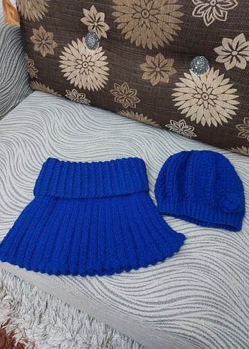 Renkli Saks Mavi El Örgüsü Bohem Kadın Bere Boyunluk ve Eldiven. - Görsel 4