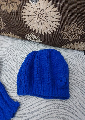 Renkli Saks Mavi El Örgüsü Bohem Kadın Bere Boyunluk ve Eldiven. - Görsel 6