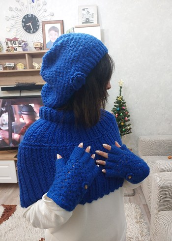 Renkli Saks Mavi El Örgüsü Bohem Kadın Bere Boyunluk ve Eldiven. - Görsel 2