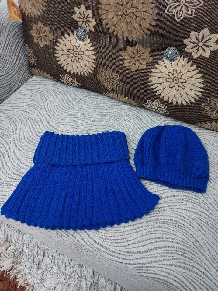 Renkli Saks Mavi El Örgüsü Bohem Kadın Bere Boyunluk ve Eldiven. - Görsel 4