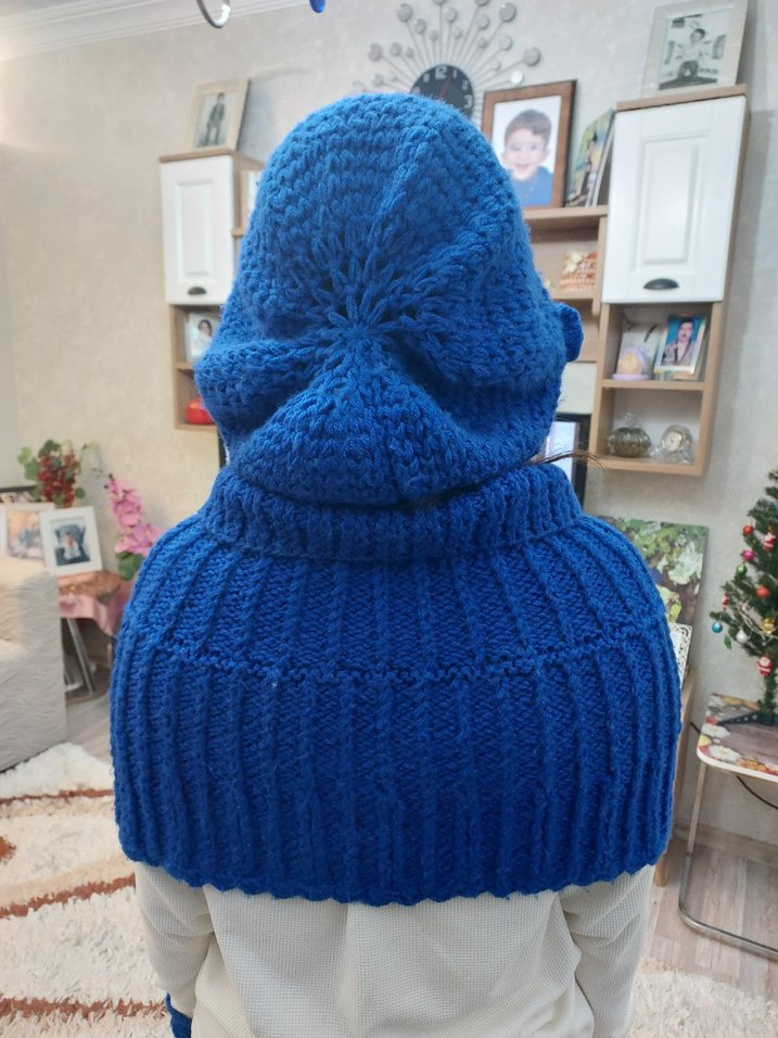 Renkli Saks Mavi El Örgüsü Bohem Kadın Bere Boyunluk ve Eldiven. - Görsel 3