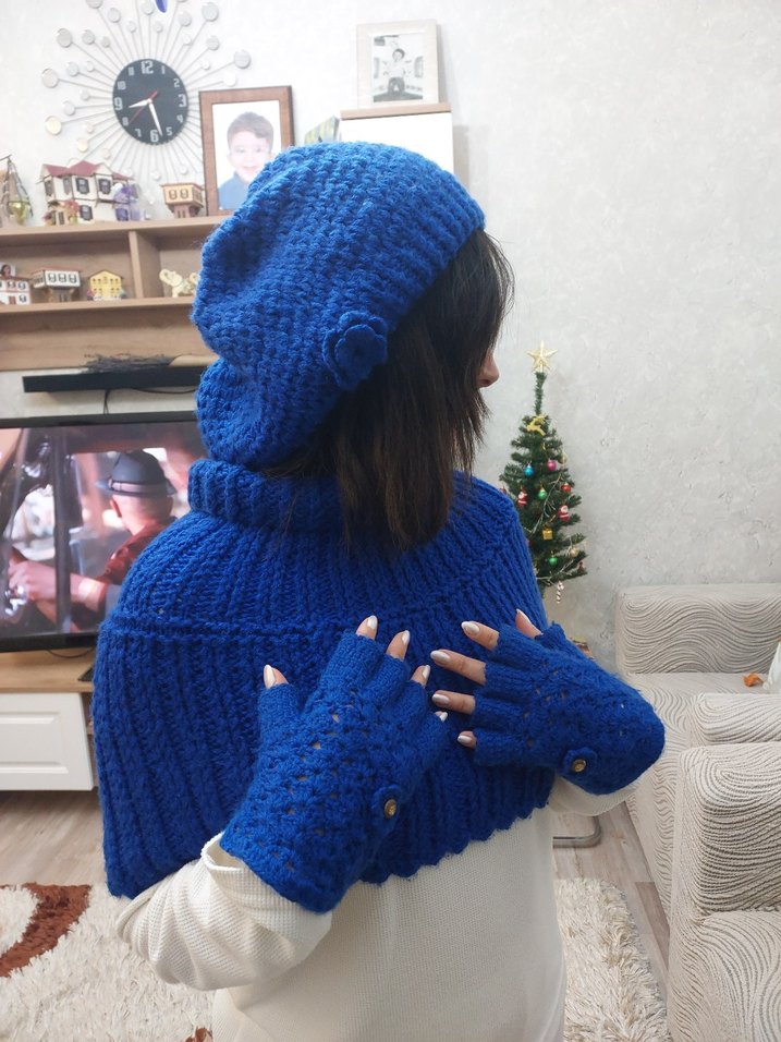 Renkli Saks Mavi El Örgüsü Bohem Kadın Bere Boyunluk ve Eldiven. - Görsel 2