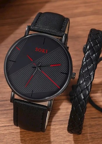 Erkekler için Siyah Bileklik ve Saat Seti - Görsel 3