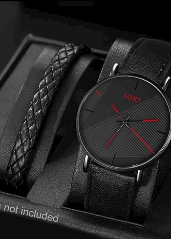 Erkekler için Siyah Bileklik ve Saat Seti - Görsel 2