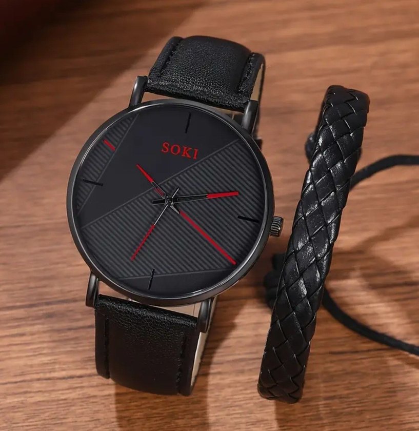 Erkekler için Siyah Bileklik ve Saat Seti - Görsel 3