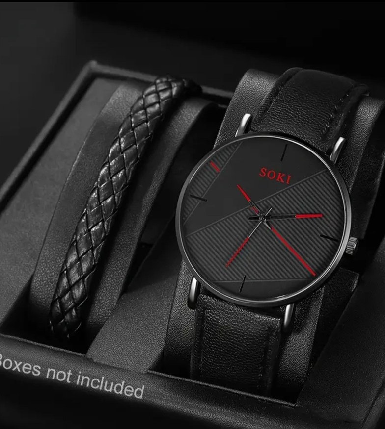 Erkekler için Siyah Bileklik ve Saat Seti - Görsel 2