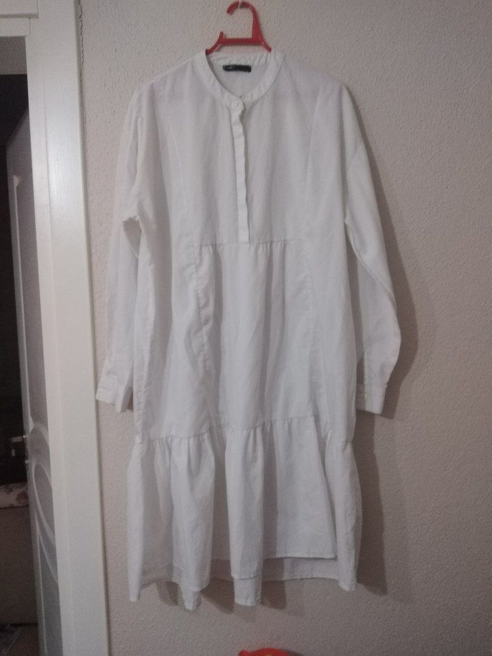 Beyaz Uzun Kollu Salaş Midi Keten Tunik - Görsel 2