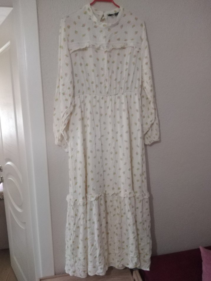 Uzun Kollu Beyaz Bohem Pamuk Elbise - Görsel 2