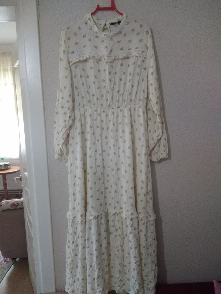 Uzun Kollu Beyaz Bohem Pamuk Elbise - Görsel 3