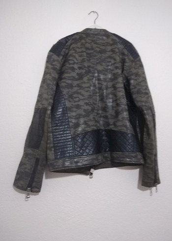 Gri Kamuflaj Desenli Erkek Deri Biker Ceket - Görsel 10