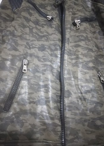 Gri Kamuflaj Desenli Erkek Deri Biker Ceket - Görsel 13