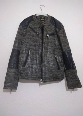 Gri Kamuflaj Desenli Erkek Deri Biker Ceket - Görsel 4