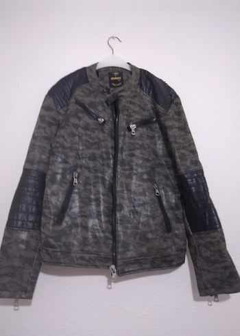 Gri Kamuflaj Desenli Erkek Deri Biker Ceket - Görsel 2