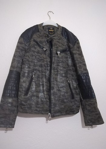 Gri Kamuflaj Desenli Erkek Deri Biker Ceket - Görsel 3