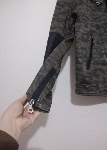 Gri Kamuflaj Desenli Erkek Deri Biker Ceket - Görsel 5