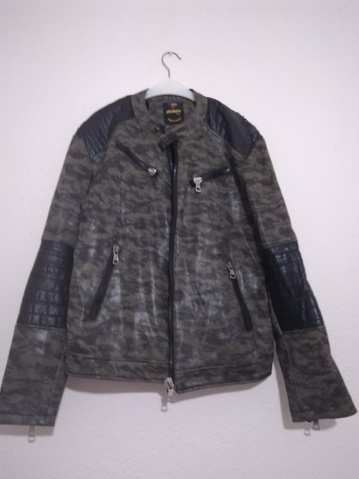 Gri Kamuflaj Desenli Erkek Deri Biker Ceket - Görsel 2