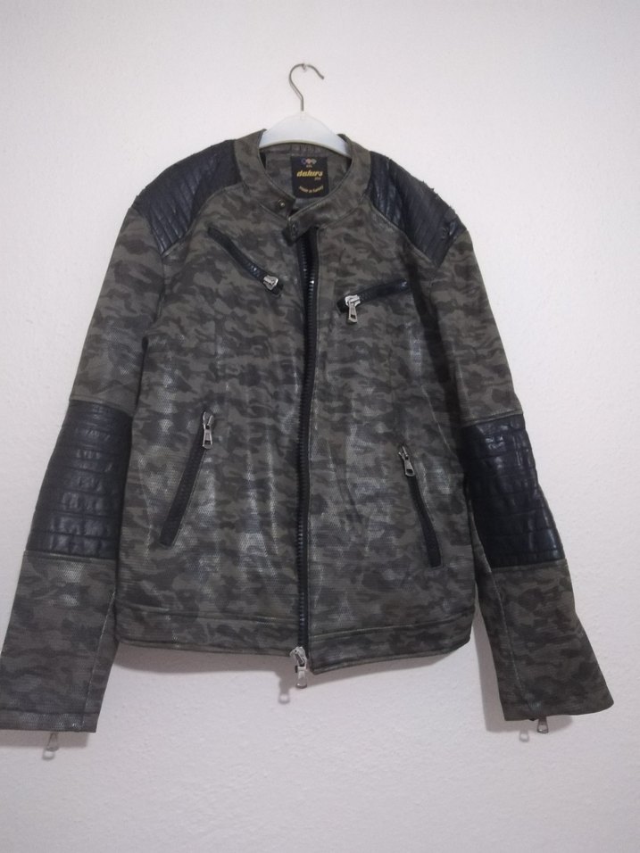 Gri Kamuflaj Desenli Erkek Deri Biker Ceket - Görsel 3