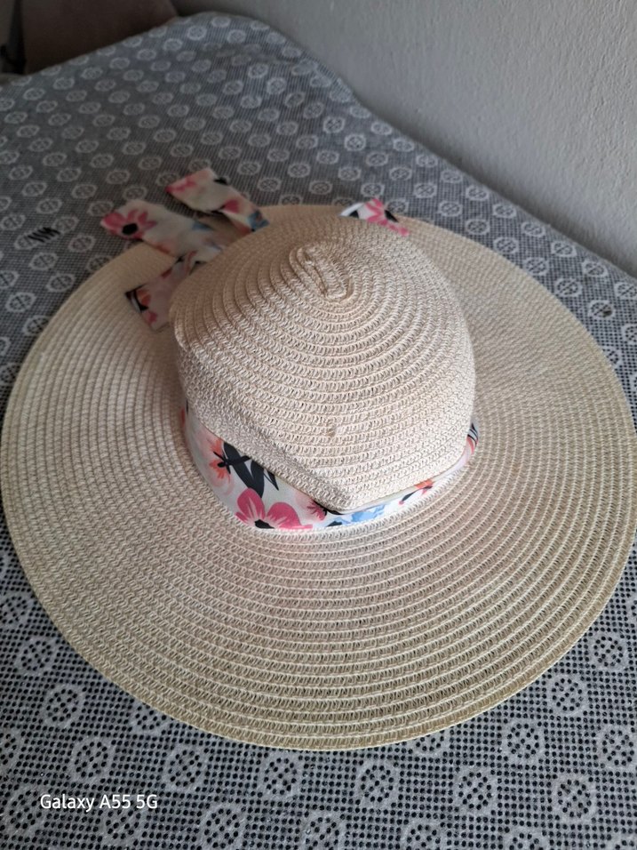 Bej Kadın Hasır Şapka Çiçekli Kurdeleli - Görsel 2