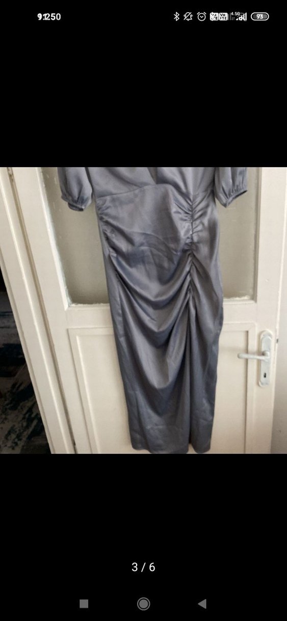 Gri Uzun Drapeli yırtmaçlı Kadın Elbise - Görsel 3