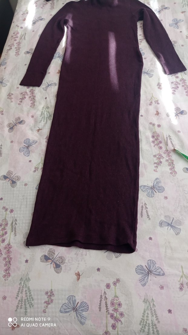 Bordo Uzun Kollu Drapeli Kadın Elbise - Görsel 3