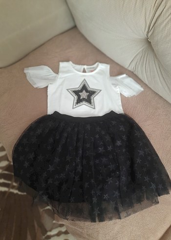 Kız Çocuk Beyaz Yıldız Desenli Kısa Kollu etek üst takım - Görsel 2