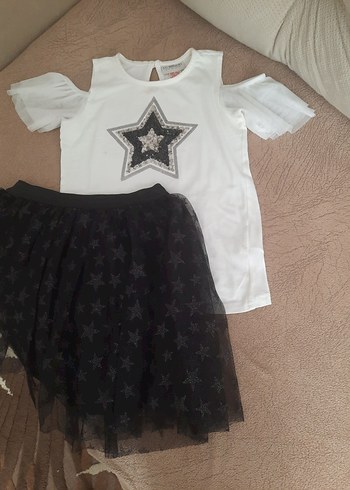 Kız Çocuk Beyaz Yıldız Desenli Kısa Kollu etek üst takım - Görsel 3