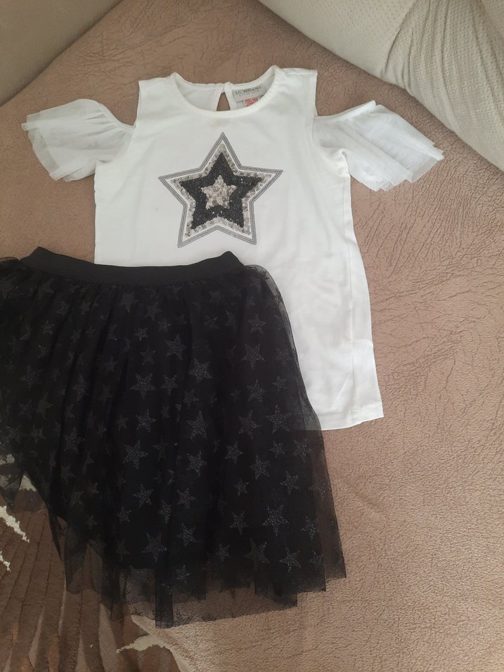 Kız Çocuk Beyaz Yıldız Desenli Kısa Kollu etek üst takım - Görsel 3