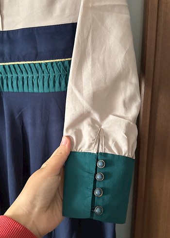 Düğmeli Uzun Kollu Mavi Kadın Elbise - Görsel 3