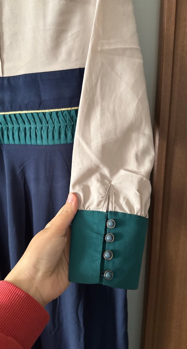 Düğmeli Uzun Kollu Mavi Kadın Elbise - Görsel 3