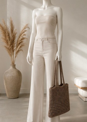 Mango Minimalist Ekru Straplez Yuksek Bel Pantolon Kombin